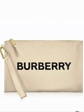 Authentic Burberry Biege Canvas Wristlet Clutch Makeup Zippered Bag W Handle